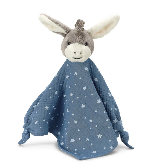 Schmusetuch mit Name Esel Emmi in Mittelblau, 36 cm Supersoftes Musselin Schnuffeltuch Esel mit Knotendetails, Sterntaler