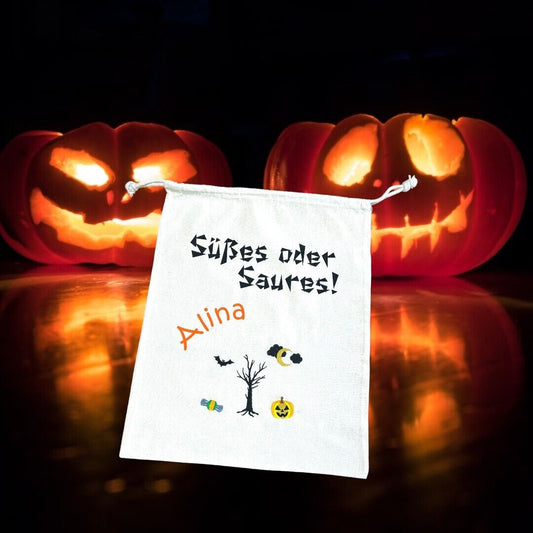 Halloween Sammeltasche Baumwollbeutel bedruckt mit Wunschtext, für Süßes, Baum