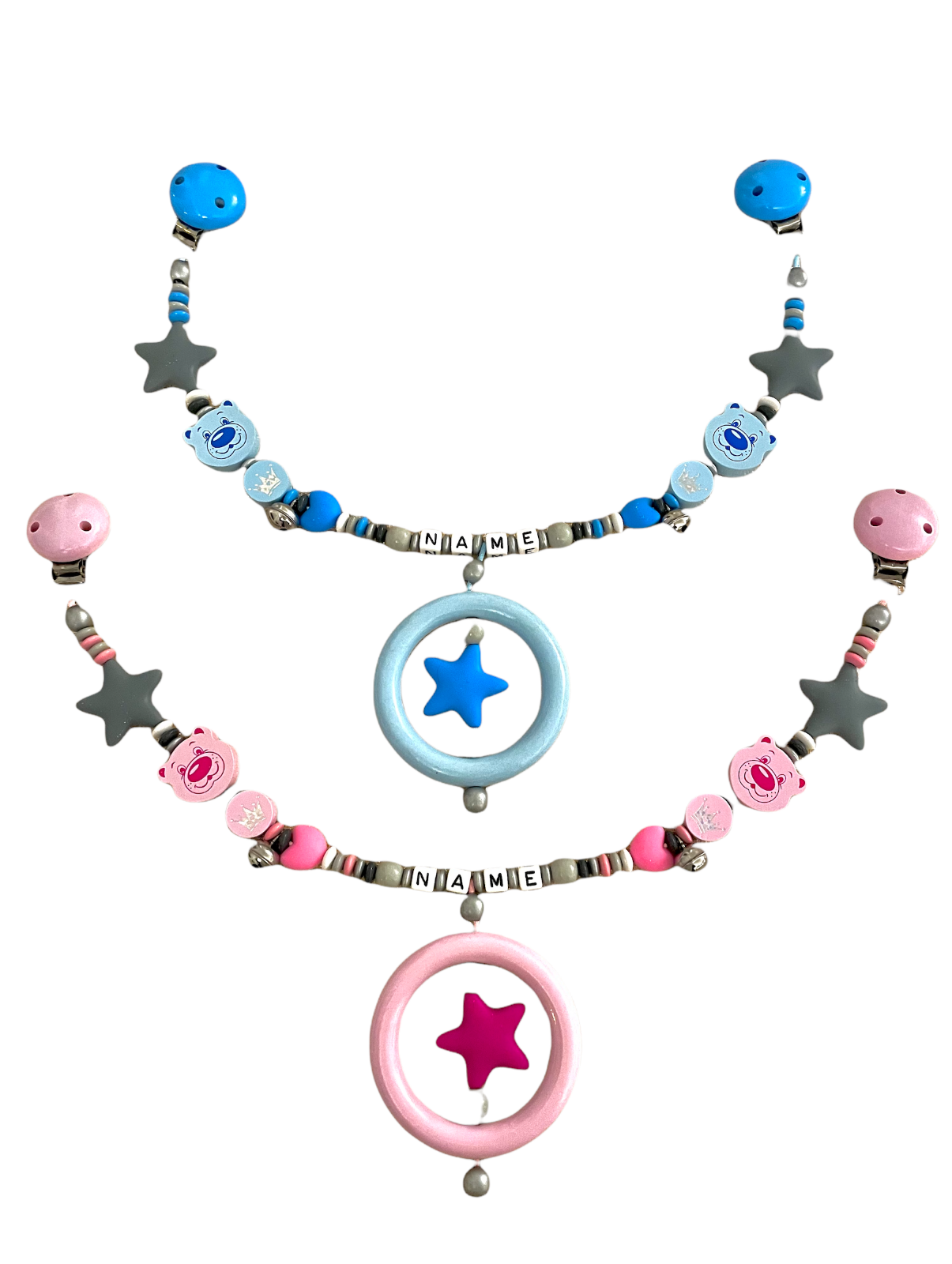 Kinderwagenkette mit Name, Geschenk zur Geburt, Holz, Glöckchen, Bär, zum Baby