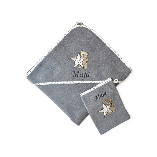 Kapuzenhandtuch 100x100 cm und Waschlappen Set mit Name und Motiv, Geschenk zur Geburt