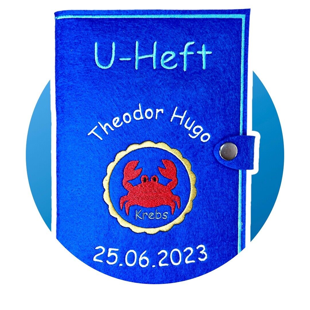 U-Heft-Hülle Impfpassfach, bestickt mit Sternzeichen, Name und Geburtsdatum