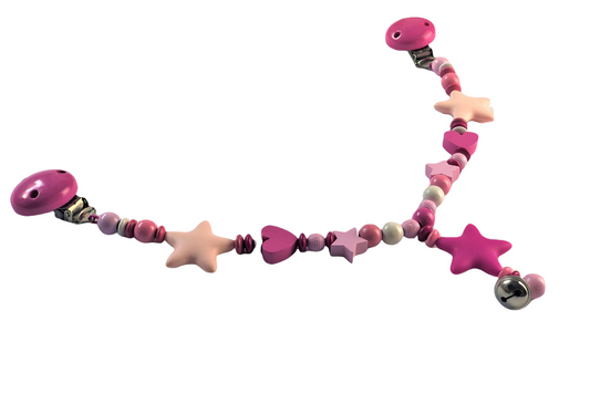 Kinderwagenkette mit Name, Geschenk zur Geburt, Holz, Glöckchen und Sterne