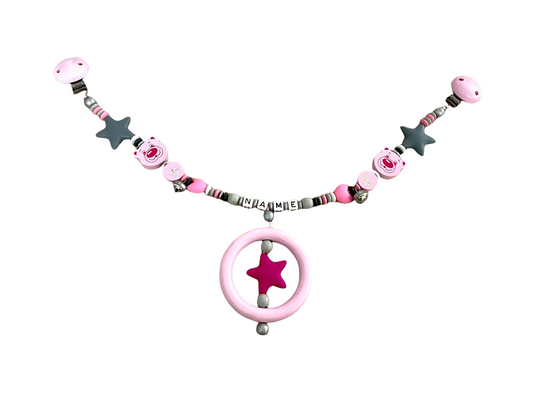 Kinderwagenkette mit Name, Geschenk zur Geburt, Holz, Glöckchen, Bär, zum Baby
