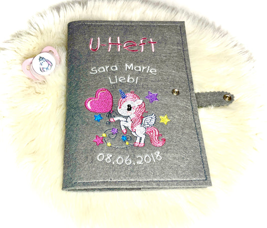 U-Heft Hülle mit Name und Geburtsdatum, Einhorn, Geschenk fürs Baby