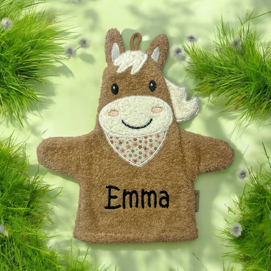 Kapuzenhandtuch 100x100cm und Waschhandschuh Set mit Name aufgestickt Pferd Sunny Sterntaler