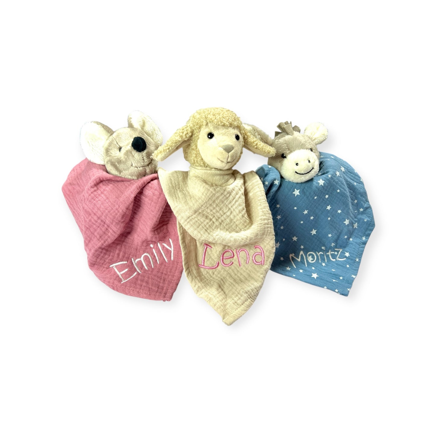 Schmusetuch mit Name Esel Emmi in Mittelblau, 36 cm Supersoftes Musselin Schnuffeltuch Esel mit Knotendetails, Sterntaler