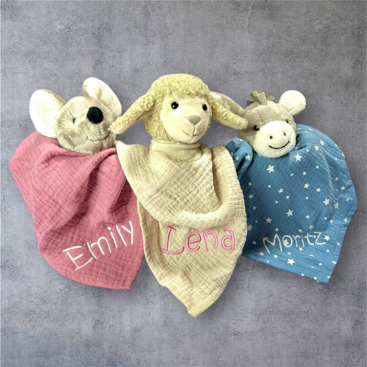 Schmusetuch mit Name Esel Emmi in Mittelblau, 36 cm Supersoftes Musselin Schnuffeltuch Esel mit Knotendetails, Sterntaler