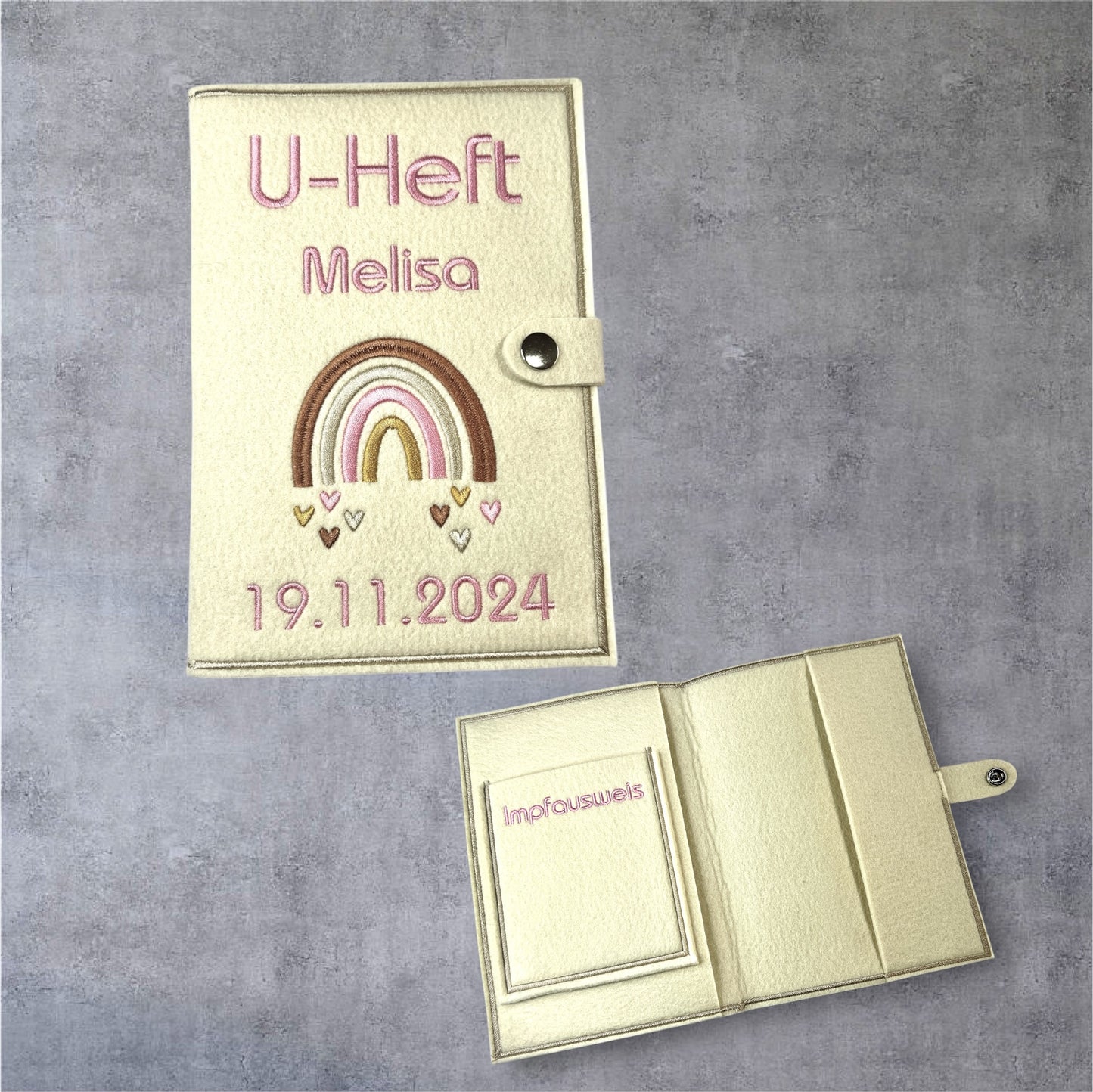U-Heft Hülle mit Name und Geburtsdatum, Regenbogen, Geschenk fürs Baby