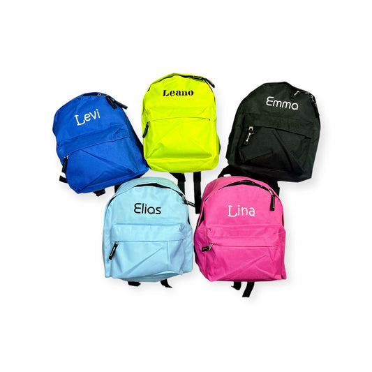 Kinderrucksack mit Reißverschlussfächern, personalisierbar, mehrere Farben