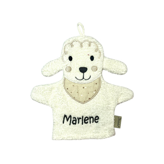 Spiel-Waschhandschuh mit Name, Schaf Flocke, Sterntaler, personalisiert