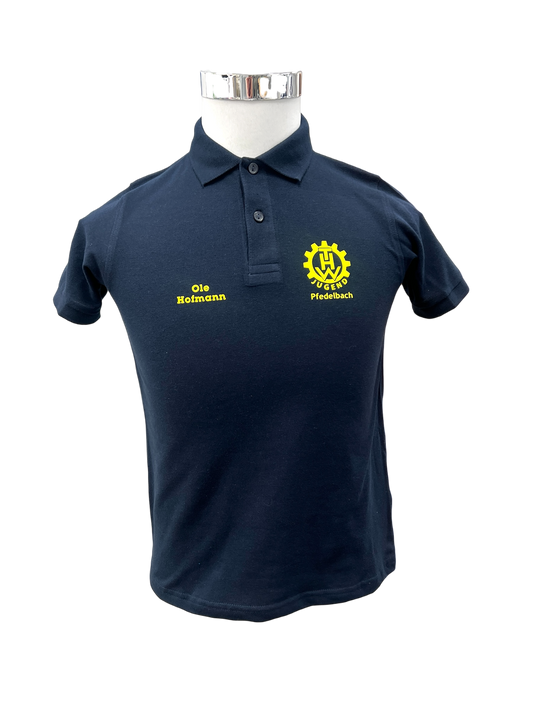 THW Jugend Poloshirt, marineblau, neongelb bedruckt - personalisierbar