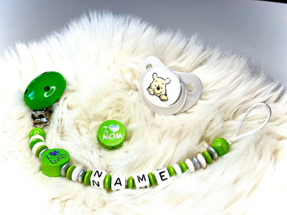 Schnullerkette mit Namen, "I love Mom and Dad", Geschenk fürs Baby zur Geburt