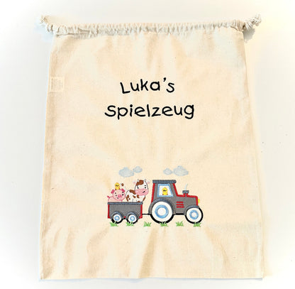 Spielzeug Wechselkleidung Beutel mit Name Kindergartentasche Traktor LKW Beton