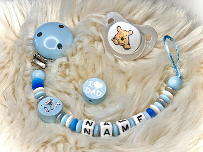 Schnullerkette mit Namen, "I love Mom and Dad", Geschenk fürs Baby zur Geburt