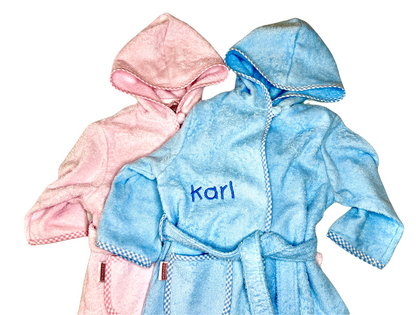 Kinder-Bademantel mit Name bestickt, Größe 74-116, rosa oder blau, Geschenk