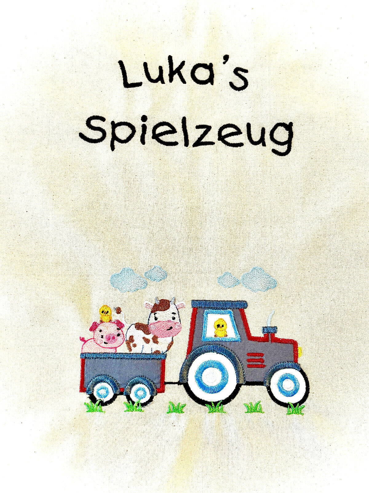 Spielzeug Wechselkleidung Beutel mit Name Kindergartentasche Traktor LKW Beton