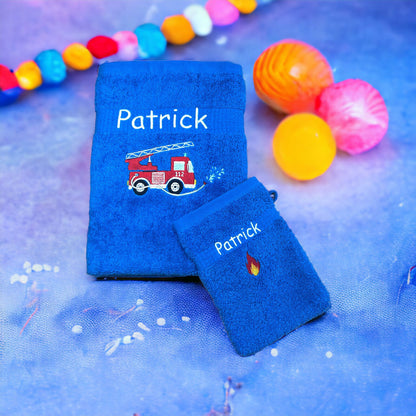 Feuerwehr Handtuch Set mit Name Handtücher Waschlappen 50x100 cm Geschenk Kinder
