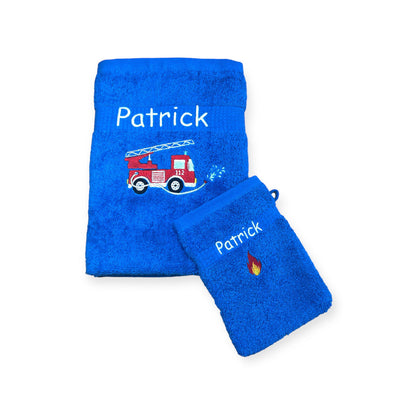 Feuerwehr Handtuch Set mit Name Handtücher Waschlappen 50x100 cm Geschenk Kinder