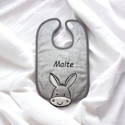 Lätzchen mit Name, Esel, grau oder beige Babylatz, Geschenk fürs Baby