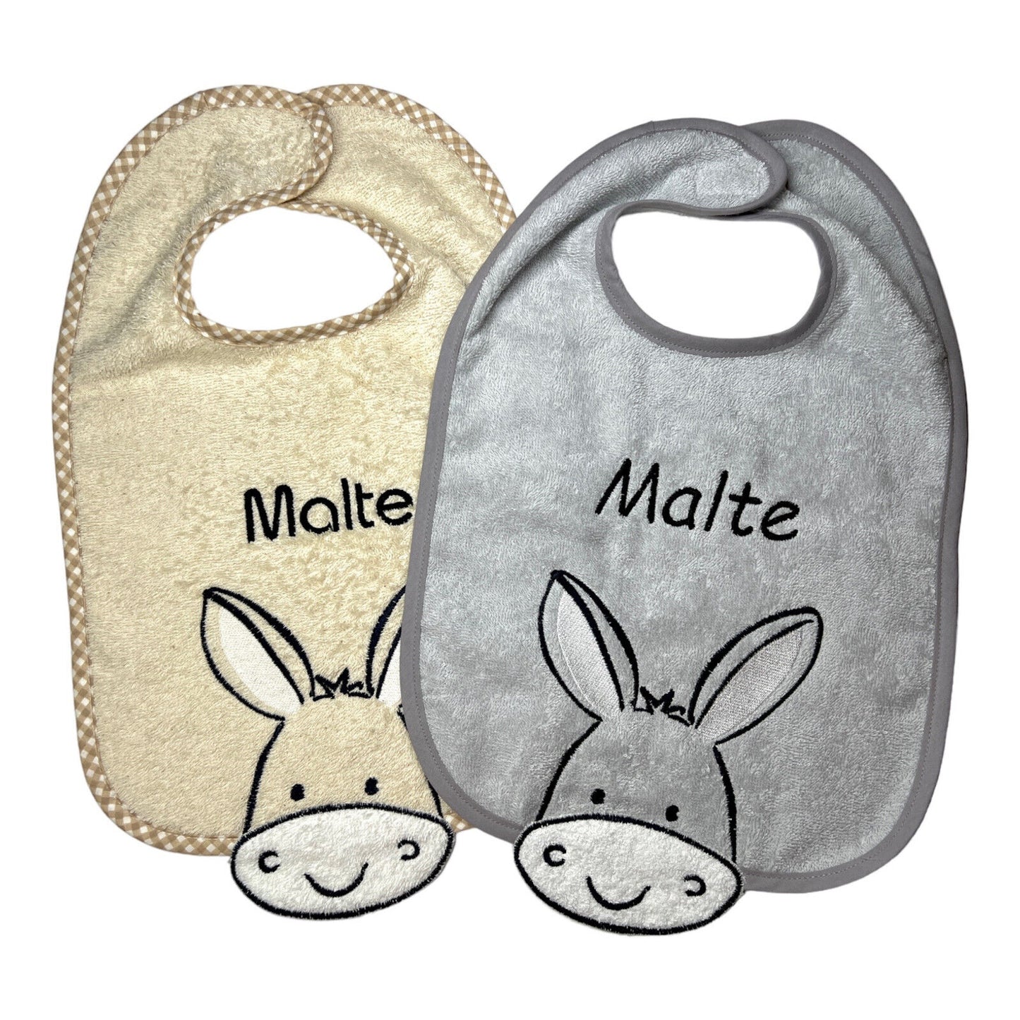 Lätzchen mit Name, Esel, grau oder beige Babylatz, Geschenk fürs Baby