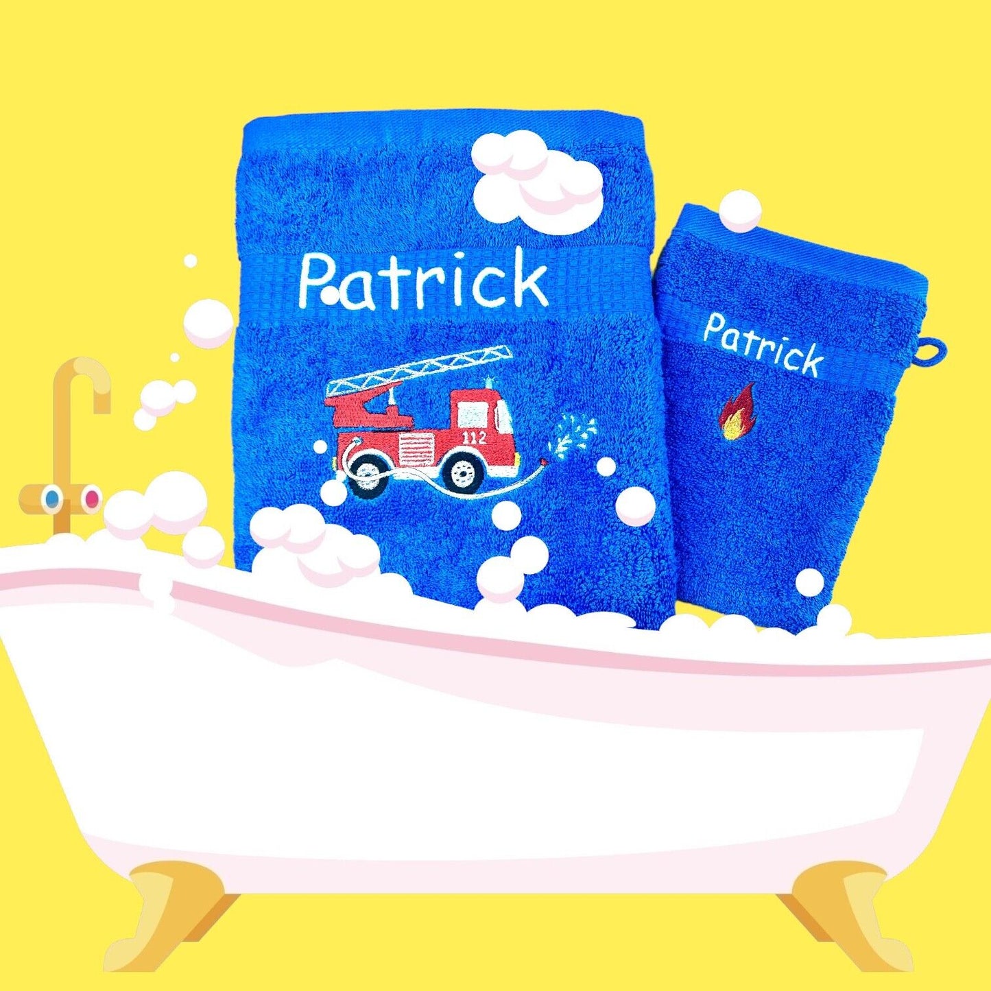 Feuerwehr Handtuch Set mit Name Handtücher Waschlappen 50x100 cm Geschenk Kinder