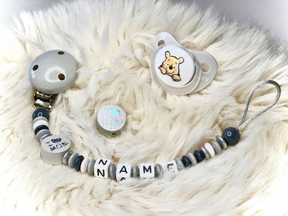 Schnullerkette mit Namen, "I love Mom and Dad", Geschenk fürs Baby zur Geburt