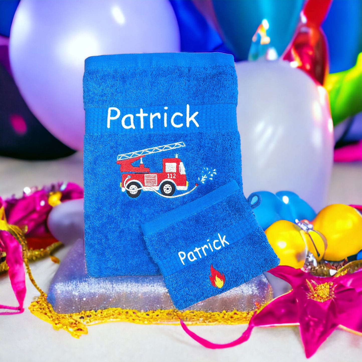 Feuerwehr Handtuch Set mit Name Handtücher Waschlappen 50x100 cm Geschenk Kinder