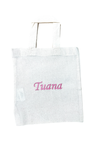 Personalisierte kleine weiße Baumwolltasche mit Wunschnamen oder Wunschtext bestickt, 100% Baumwolle, Geschenkverpackung
