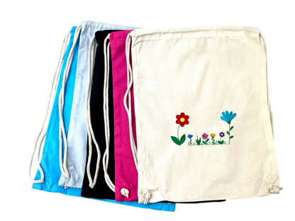 Personalisierter Baumwollturnbeutel mit Blumenstickerei – 100 % Baumwolle