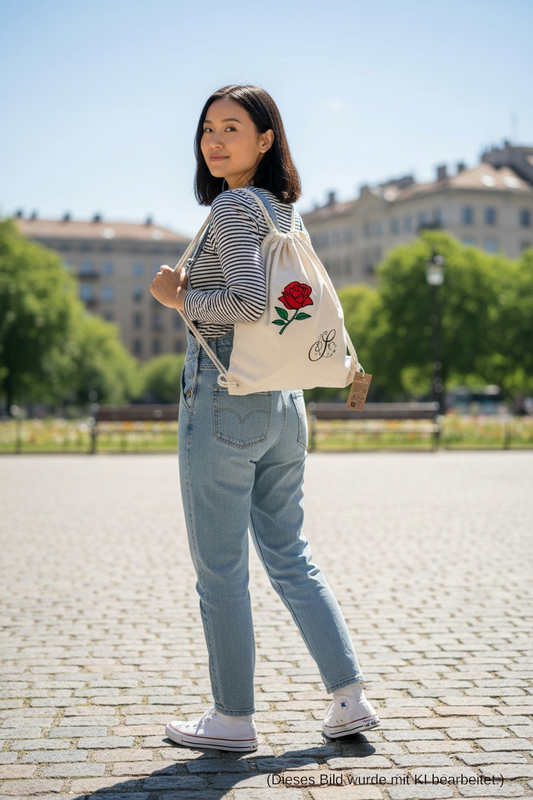 Personalisierter Baumwollturnbeutel mit roter Rose und Monogramm – 100 % Baumwolle