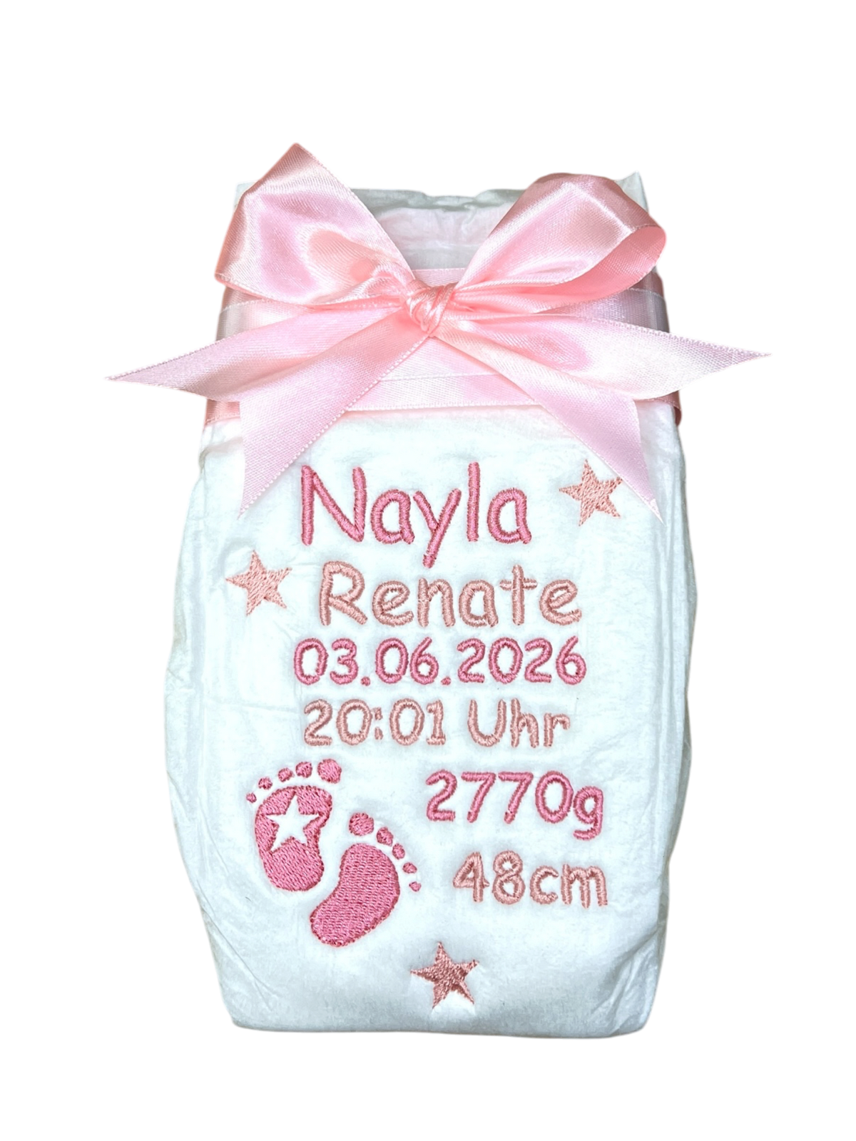 Bestickte Windel mit Name und Geburtsdaten, Sterne und Füße, Geschenk zur Geburt