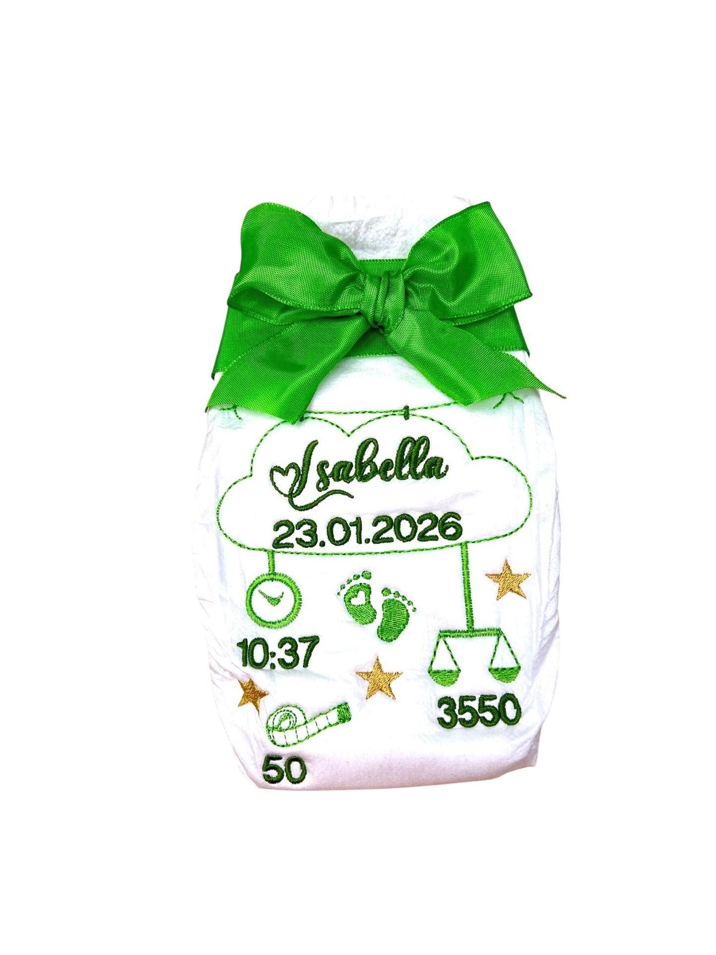 Personalisierte bestickte Windel - Geschenk zur Geburt mit Herz-Schrift & goldenen Sternen