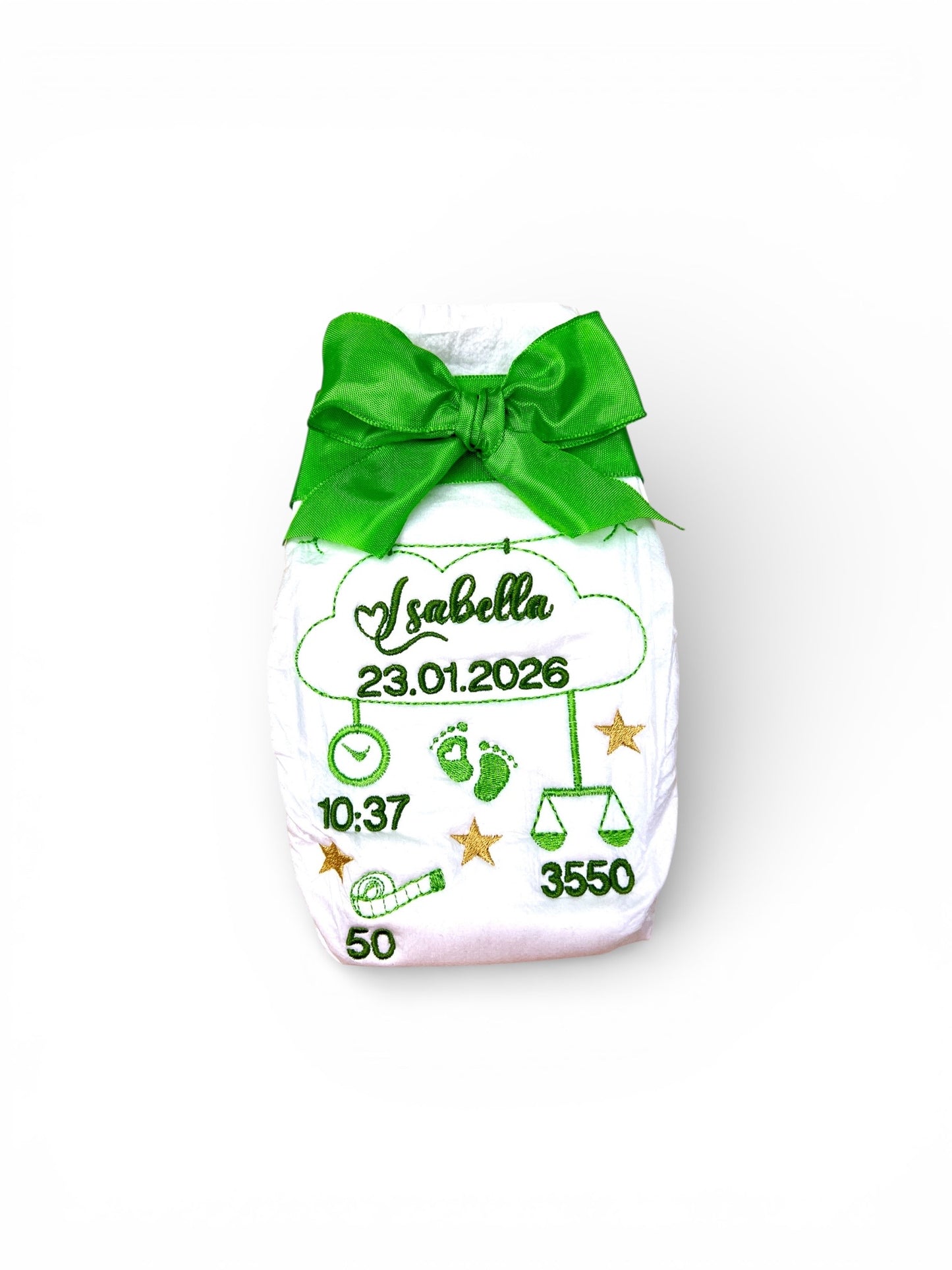 Personalisierte bestickte Windel - Geschenk zur Geburt mit Herz-Schrift & goldenen Sternen