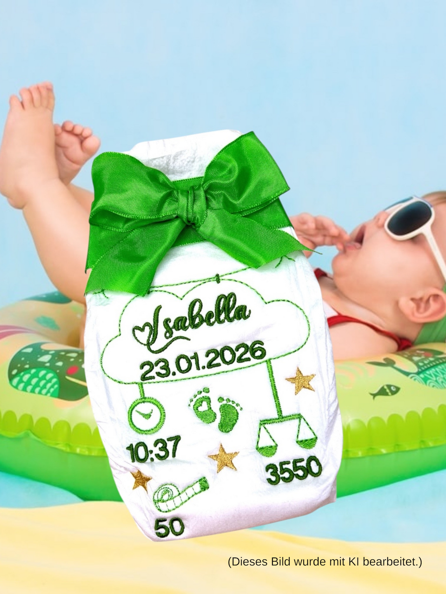 Personalisierte bestickte Windel - Geschenk zur Geburt mit Herz-Schrift & goldenen Sternen