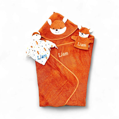 Geschenkset Fuchs Filou, Kapuzenhandtuch 100x100cm, Spiel-Waschhandschuh und Schmusetuch - mit Name aufgestickt, rostrot, Sterntaler