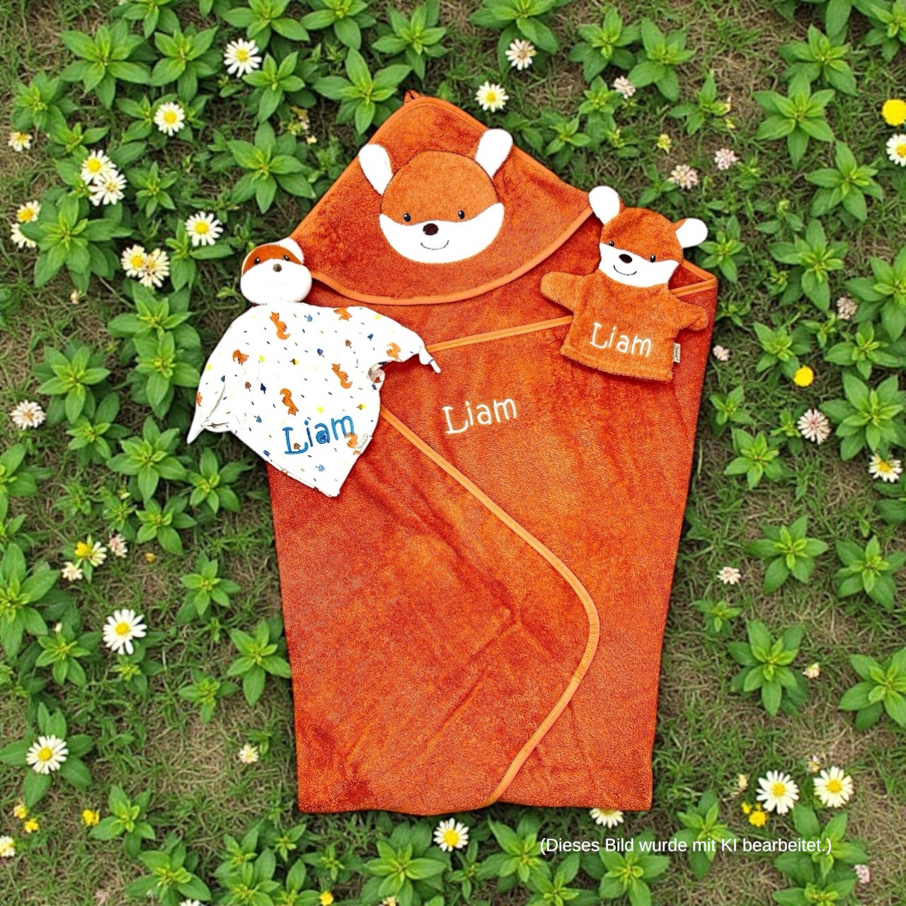Geschenkset Fuchs Filou, Kapuzenhandtuch 100x100cm, Spiel-Waschhandschuh und Schmusetuch - mit Name aufgestickt, rostrot, Sterntaler