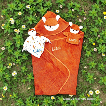 Geschenkset Fuchs Filou, Kapuzenhandtuch 100x100cm, Spiel-Waschhandschuh und Schmusetuch - mit Name aufgestickt, rostrot, Sterntaler