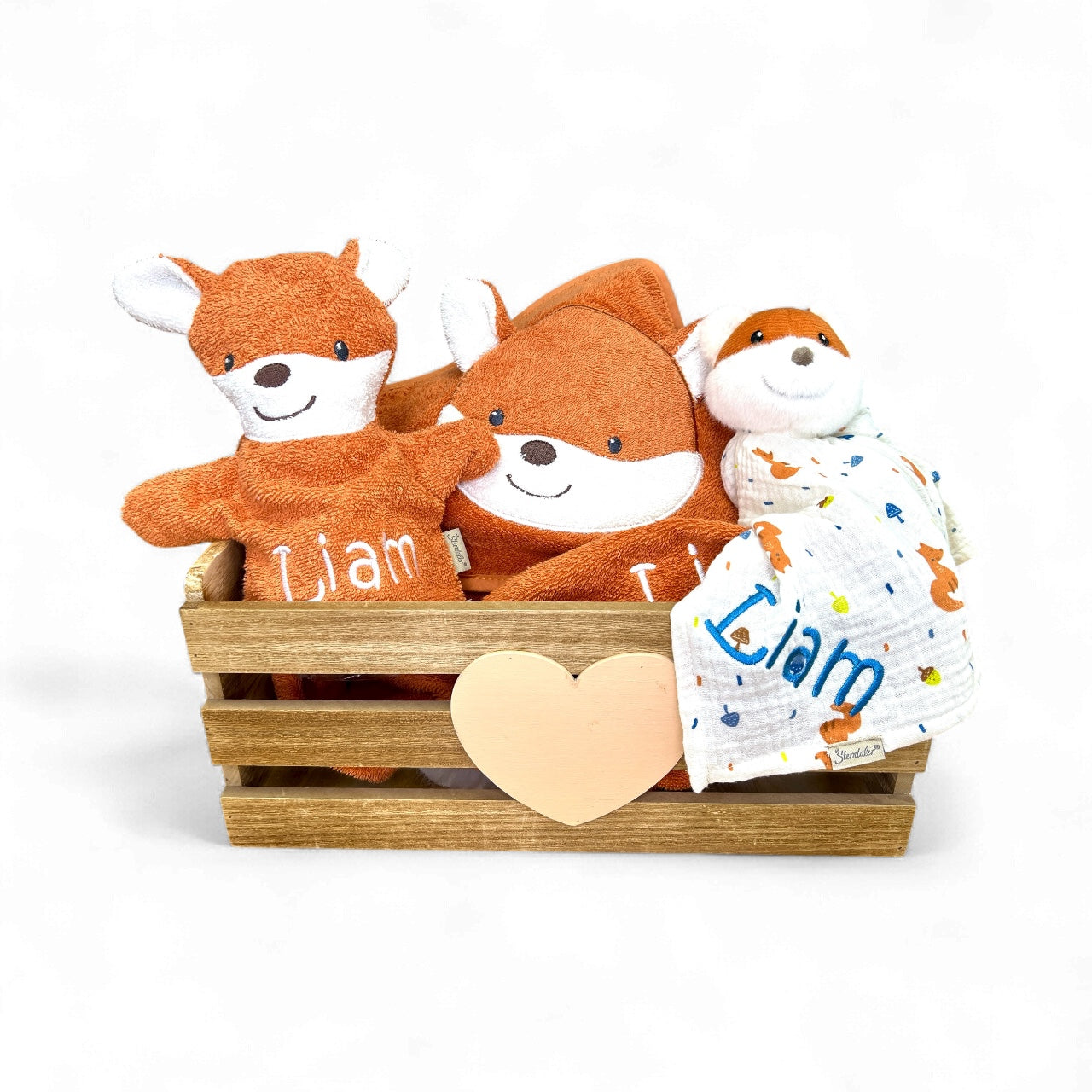Geschenkset Fuchs Filou, Kapuzenhandtuch 100x100cm, Spiel-Waschhandschuh und Schmusetuch - mit Name aufgestickt, rostrot, Sterntaler