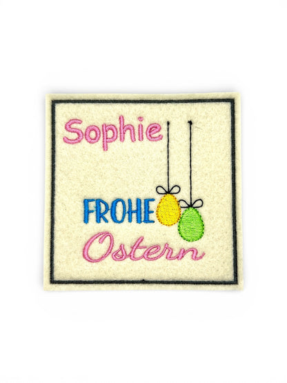 Oster Glasuntersetzer mit Name und Bild bestickt aus Filz, personalisiert