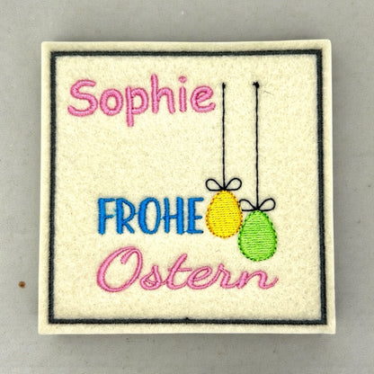 Oster Glasuntersetzer mit Name und Bild bestickt aus Filz, personalisiert