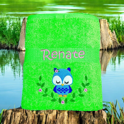 Eulen Handtuch mit Name Sauna Wellness Duschtuch Saunatuch Geschenk Kinder