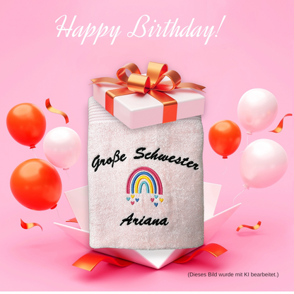 Große Schwester/Bruder Handtuch mit Name, Regenbogen, Duschtuch, Geschenk