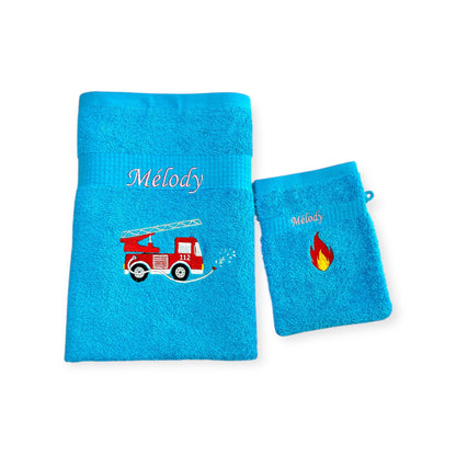 Feuerwehr Handtuch Set mit Name Handtücher Waschlappen 50x100 cm Geschenk Kinder