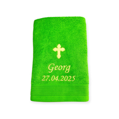 Kreuz Handtuch mit Name und Datum, Sauna, Wellness, Duschtuch, Taufe