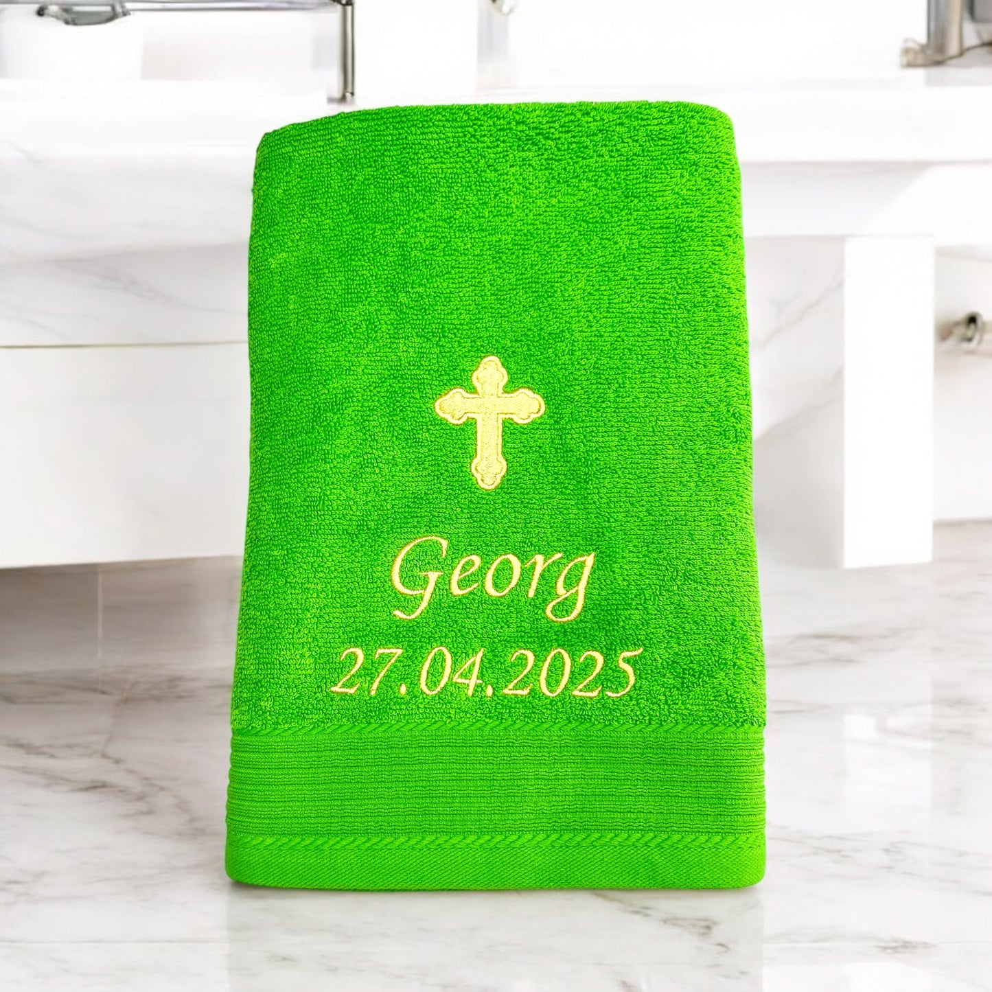 Kreuz Handtuch mit Name und Datum, Sauna, Wellness, Duschtuch, Taufe