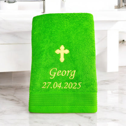 Kreuz Handtuch mit Name und Datum, Sauna, Wellness, Duschtuch, Taufe