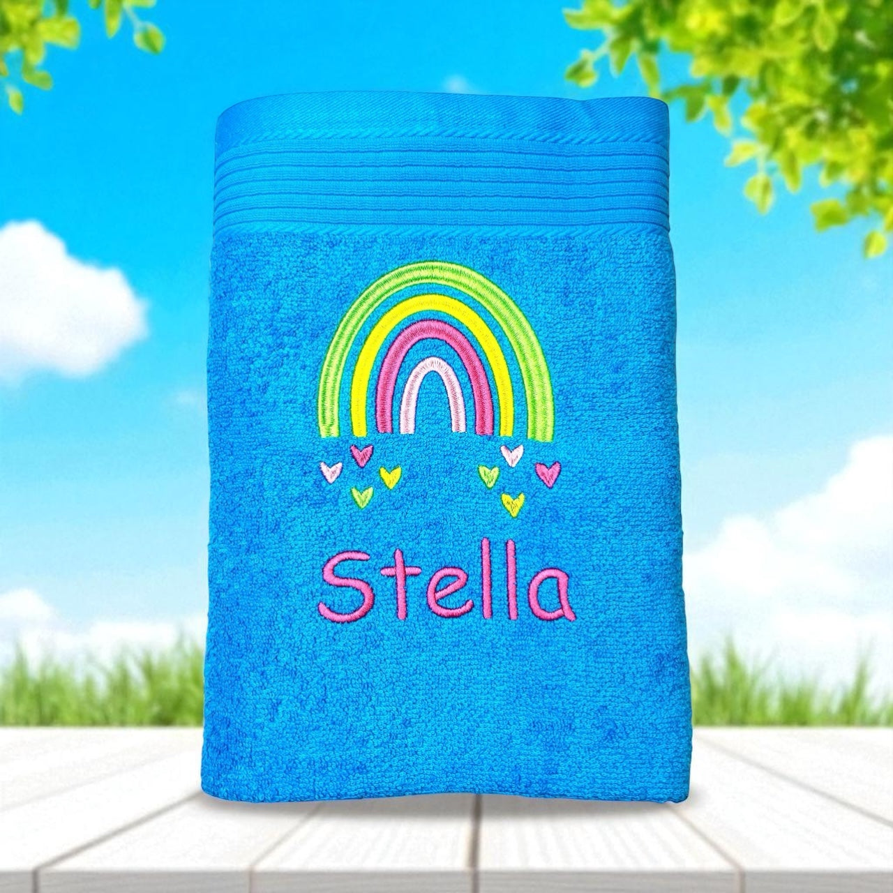 Regenbogen Handtuch mit Name bestickt, Duschtuch, Kindergarten, Sport