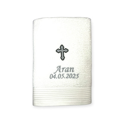 Kreuz Handtuch mit Name und Datum, Sauna, Wellness, Duschtuch, Taufe