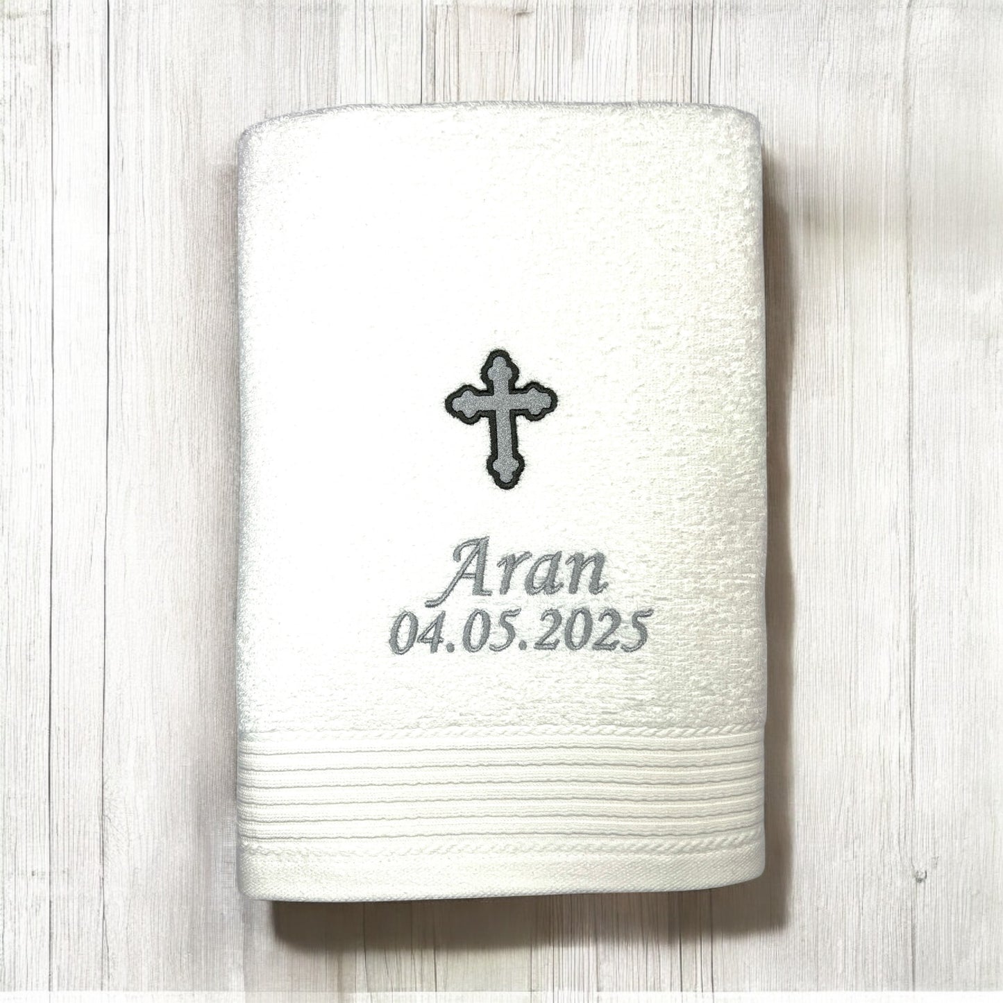 Kreuz Handtuch mit Name und Datum, Sauna, Wellness, Duschtuch, Taufe