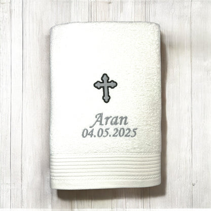Kreuz Handtuch mit Name und Datum, Sauna, Wellness, Duschtuch, Taufe